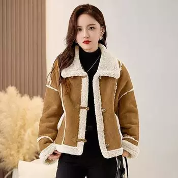 Пальто из овечьего меха, женское зимнее, утепленное, с лацканами из искусственной замши, модное пальто YX86208 M90-55kg хаки