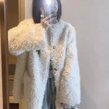 Пальто из овечьего меха, женское, маленькое, ароматное, мягкое, восковое, ретро, универсальное, повседневное, модное, в иностранном стиле One size слоновая кость