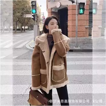 Пальто из овечьего меха, женское, высококачественное, свободного покроя, шерстяное, плюшевое, с капюшоном, осень и зима, новое S темно-коричневого