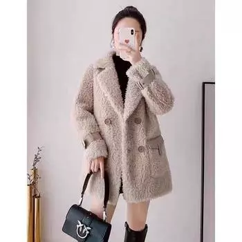 Пальто из овечьей шерсти 2024 года, осень, новая корейская версия, модное, среднее и длинное, утолщенное, теплое пальто из овечьей шерсти M абрикосовый