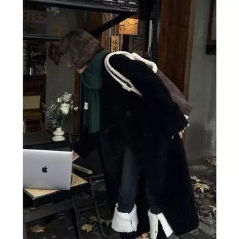 Пальто из овечьей шерсти 2024 года, зимняя новая меховая куртка из замши с V-образным вырезом, длинная S (90-57.5 kg) чёрный