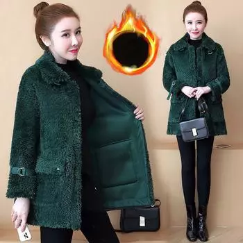 Пальто из овечьей шерсти для женщин, осенне-зимнее пальто, новая модная верхняя одежда, меховая длинная теплая куртка с хлопковой подкладкой, женские топы M зелёный