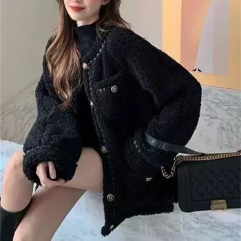 Пальто из овечьей шерсти для женщин, новое осенне-зимнее корейское темпераментное универсальное утолщенное шитье с небольшим ароматом M чёрный