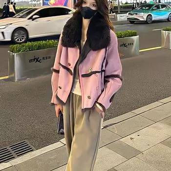 Пальто из овечьей шерсти для женщин, тяжелая промышленность, осень-зима, новый дизайн, тонкий короткий топ с меховой вставкой S 80-100