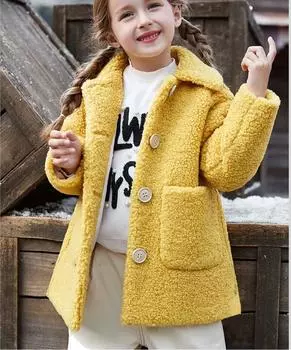 Пальто из овечьей шерсти для девочек, повседневное, с лацканами, разноцветное, модное, теплое шерстяное пальто для девочек 100cm