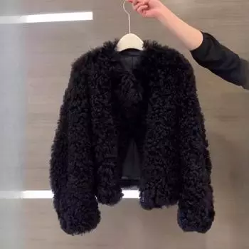 Пальто из овечьей шерсти для женщин, осень-зима, черное, высококачественное, мягкое, вощеное, толстое, плюшевое, короткое, для женщин XL чёрный