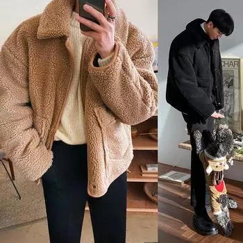 Пальто из овечьей шерсти и хлопка, мужское зимнее утолщенное хлопковое пальто, модная флисовая куртка в корейском стиле, свободная повседневная хлопковая куртка M