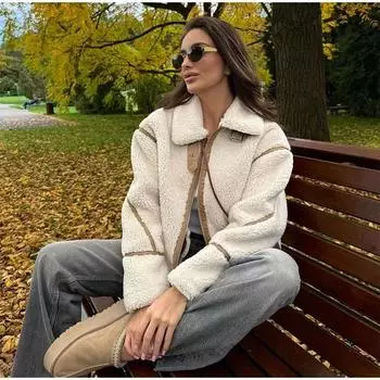 Пальто из овечьей шерсти с контрастными линиями, женское, повседневное, с длинным рукавом, на молнии, с карманом, плотная куртка, женская, новая верхняя одежда для поездок на работу L чёрный