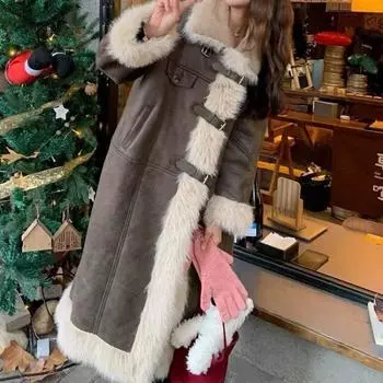 Пальто из овечьей шерсти с меховым покрытием, женское зимнее утепленное, модель 2024 года, длинное выше колена, пальто из овечьей шерсти M
