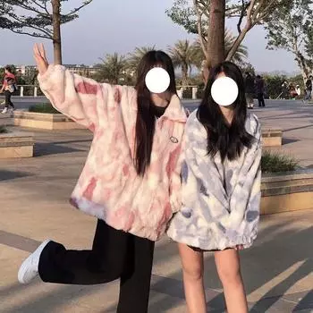 Пальто из овечьей шерсти с принтом тай-дай, женское, 2024 г., новое свободное студенческое пальто из утолщенного бархата с застежкой-молнией и воротником-стойкой S синий