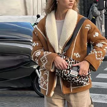 Пальто из овечьей шерсти с отложным воротником, женская куртка с длинными рукавами, утолщенная, теплая, свободная, повседневная, на осень и зиму S