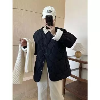 Пальто из овечьей шерсти с тонким ромбовидным узором, зимнее, в корейском стиле, свободное, с небольшим ароматом, в стиле ромбовидного узора, теплое, хлопковое, для женщин S белый