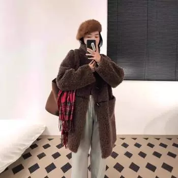 Пальто из овечьей шерсти с роговой пряжкой, женское зимнее утолщенное пальто из овечьей шерсти средней и длинной длины с мягким вощеным мехом Тедди S