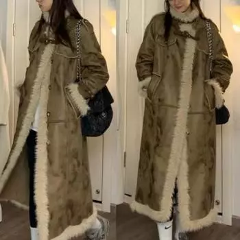 Пальто из овечьей шерсти с мехом, женское, 2024, новое зимнее, утолщенное, плюшевое, длинное, экологически чистое меховое пальто S
