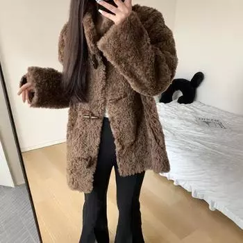 Пальто из овечьей шерсти с мехом, женское, средней и длинной длины, зима 2024, новое свободное пальто из утолщенного меха S темно-коричневого