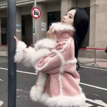 Пальто из овечьей шерсти с мехом Майяра, женское зимнее, имитация лисьего меха, ленивый ветер, интегрированный мех, утолщенное пальто S хаки