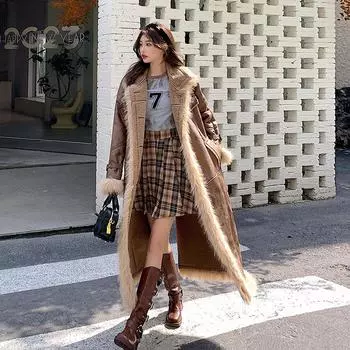 Пальто из овечьей шерсти с мехом, женское, 2024, новое зимнее утолщенное плюшевое длинное меховое пальто S 85-55 kg коричневый