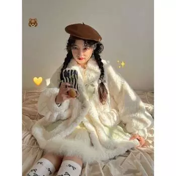 Пальто из овечьей шерсти, студентка, осенне-зимняя свободная и плюшевая толстая меховая куртка, хлопковая куртка, хлопковое пальто S белый