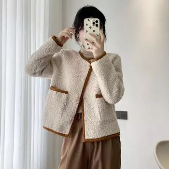 Пальто из овечьей шерсти светло-кофейного цвета Xiaoxiangfeng, женское зимнее, новое, короткое, с интегрированным верхом из овечьей шерсти S хаки