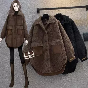 Пальто из овечьей шерсти, толстое, женское, утепленное, осенне-зимнее, большого размера, с хлопковой подкладкой, зимнее, новое, толстый, MM, топ, прилив M (80-50 kg) кофейный