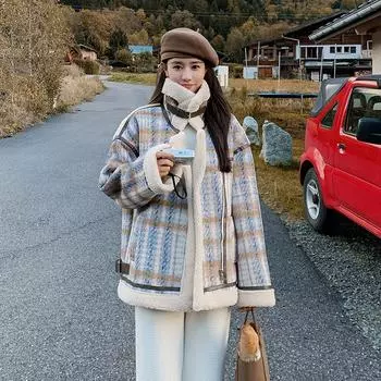 Пальто из овечьей шерсти в клетку в стиле Xiaoxiang для женщин, осенне-зимнее новое плюшевое хлопковое пальто, шерстяное пальто, хлопковое пальто S