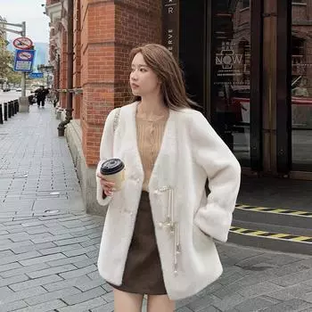 Пальто из овечьей шерсти в китайском национальном стиле, женское, 2024 года, зимнее, новое, утолщенное, из искусственного меха норки S белый