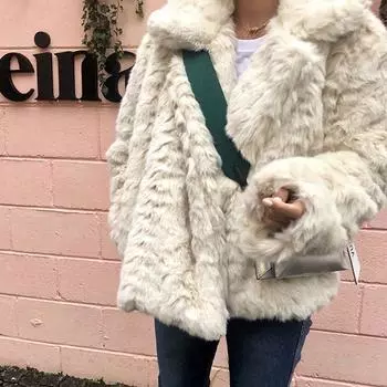Пальто из овечьей шерсти, женская зимняя одежда, новое пушистое короткое пальто с большим воротником-лацканом, универсальное пальто с подкладкой из искусственного меха и хлопка S слоновая кость