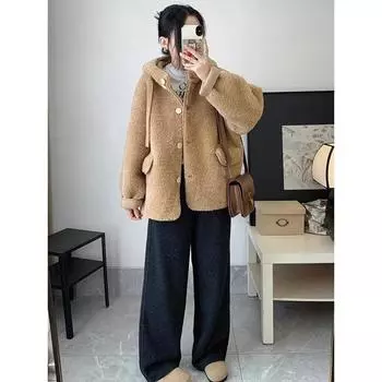 Пальто из овечьей шерсти, женская мода на осень и зиму, новая гранулированная шерсть, овечий мех, интегрированное шерстяное пальто средней и длинной длины, сосновый прилив M recommends 90-52.5 kg