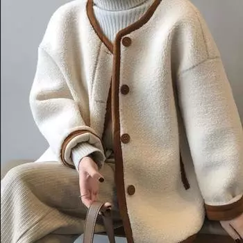 Пальто из овечьей шерсти женское осенне-зимнее флисовое утолщенное стеганое пальто свободное плюшевое стеганое пальто пушистое теплое гранулированное флисовое ветрозащитное XL115-65 kg