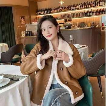 Пальто из овечьей шерсти женское короткое полностью шерстяное Haining композитное интегрированное шуба из овечьей шерсти зимнее S верблюд