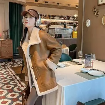 Пальто из овечьей шерсти женское среднее и длинное полностью шерстяное Haining шуба из композитного меха зимняя S бежевый