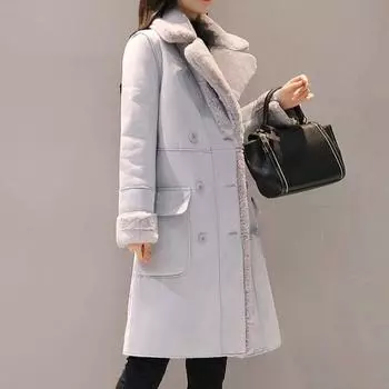 Пальто из овечьей шерсти, женское, корейская версия, зимнее, бархатное, замшевое, пальто средней и длинной длины с меховыми отворотами, на хлопковой подкладке S