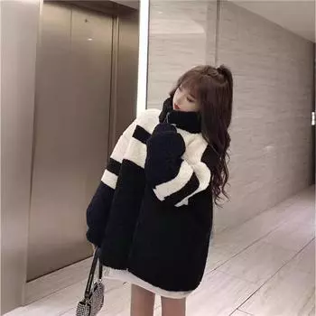 Пальто из овечьей шерсти женское осень-зима 2024 новая корейская версия плюшевое утолщенное пушистое верхнее свободное пальто женское S чёрный