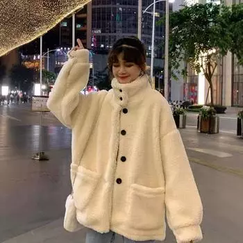 Пальто из овечьей шерсти женское бархатное утолщенное осень-зима 2024 новый универсальный корейский вариант свободный ленивый ветер bf свитер с воротником-стойкой M