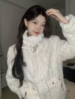 Пальто из овечьей шерсти женское 2024 зима новое молоко fufu сращивание воротник локомотив мех интегрированный искусственный мех кролик плюш S слоновая кость