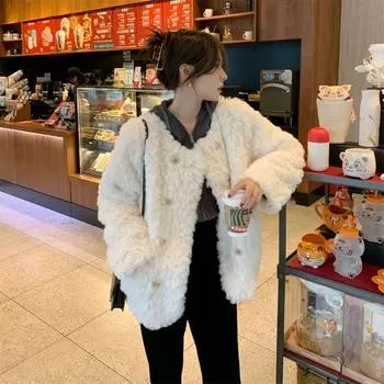 Пальто из овечьей шерсти женское 2024 зима маленькое ароматное ветровое маленькое свободное утолщенное плюшевое белое плюшевое верхнее хлопковое одежда S