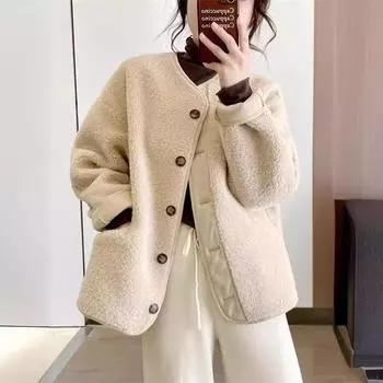 Пальто из овечьей шерсти женское с интегрированным мехом осень-зима новая популярная утолщенная высококачественная плюшевая бейсбольная куртка верхняя часть M оливковый