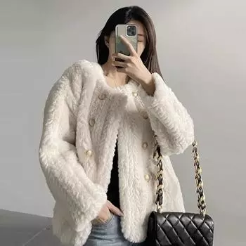 Пальто из овечьей шерсти женское зимнее маленькое ароматное стильное свободное утолщенное плюшевое белое меховое хлопковое пальто S