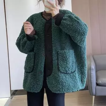 Пальто из овечьей шерсти, женское, новое зимнее, контрастные цвета, стиль Foreign, ленивый стиль, свободное утолщенное флисовое пальто с мехом M 90-60 kg темно-зеленого