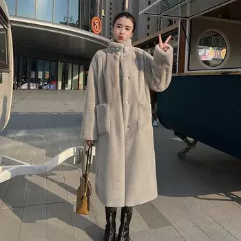 Пальто из овечьей шерсти женское длинное осенне-зимнее с воротником-стойкой, меховое пальто с утолщенным плюшевым искусственным мехом S бежевый