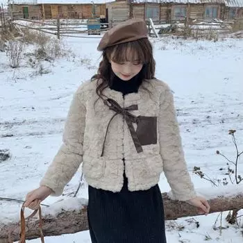 Пальто из овечьей шерсти женское короткое осенне-зимнее корейское исполнение новое утолщенное имитация меха кролика плюшевый верх S [Suitable for under 45kg]