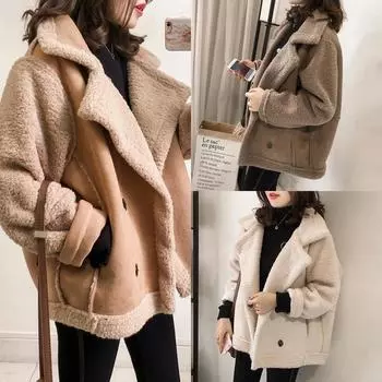 Пальто из овечьей шерсти женское 2024 года новое свободное пальто в стиле BF с интегрированным мехом и плюшем в стиле локомотива S хаки