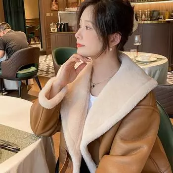 Пальто из овечьей шерсти женское среднее и длинное полностью шерстяное Haining мех интегрированная шуба из овечьей шерсти зимнее S бежевый