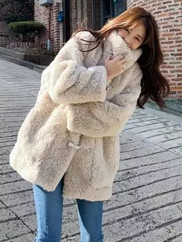 Пальто из овечьей шерсти, женское, новое осенне-зимнее, с утолщенным воротником-стойкой, средней длины, с имитацией меха кролика, пушистое меховое пальто S