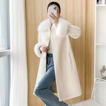 Пальто из овечьей шерсти, женское, средней и длинной длины, с верхом из овечьей шерсти, воротником из меха лисы, интегрированное меховое пальто Haining S