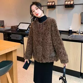 Пальто из овечьей шерсти женское 2024 года новое короткое овечье шуба интегрированная S