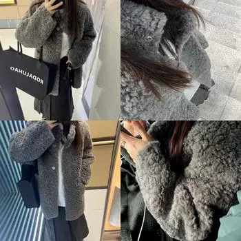 Пальто из овечьей шерсти женское из искусственной кожи ленивое ощущение средней и длинной длины с интегрированным мехом зимнее свободное экологически чистое плюшевое пальто S