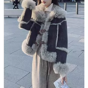 Пальто из овечьей шерсти женское зимнее 2024 новый меховой интегрированный локомотивный костюм маленький утолщенный верх из оленьей кожи с флисом S серый