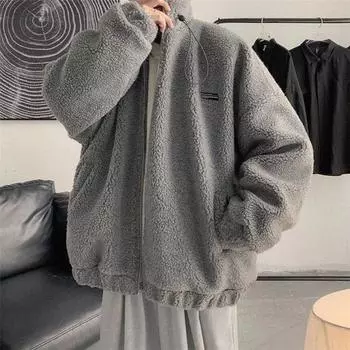 Пальто из овечьей шерсти, зимняя теплая верхняя одежда для отдыха, мужская свободная стеганая куртка на молнии, шикарная модная куртка с карманами и длинными рукавами M серый