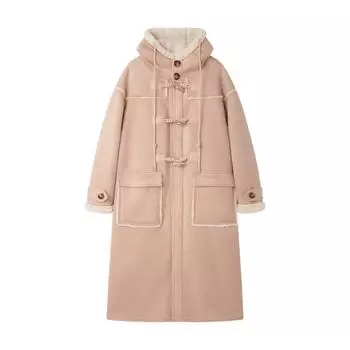 Пальто из плотного меха с капюшоном и роговой пряжкой, женское, из искусственной овечьей шерсти, зимнее, с капюшоном, из хлопка S